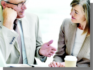 man explaining to woman